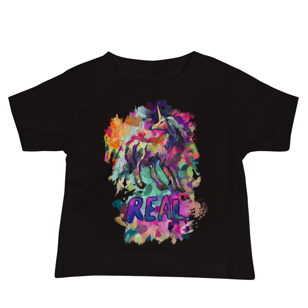 A black, jersey-style tee for babies from Real Unicorn Apparel's 