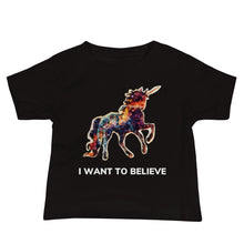 Load image into Gallery viewer, A black-colored Baby Jersey Short Sleeve t-shirt from Real Unicorn Apparel&#39;s &quot;I Want To Believe&quot; collection. The shirt features a stylized, rainbow-colored unicorn drawn by artist Lauren Rubin.
