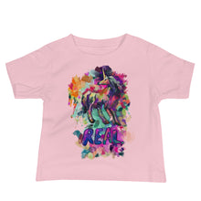 Load image into Gallery viewer, A pink jersey tee for babies from the &quot;Real Unicorn&quot; collection at Real Unicorn Apparel. The t-shirt features a noble unicorn with a large horn and the word &quot;REAL&quot; in purple letters below the unicorn.
