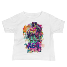 Load image into Gallery viewer, A white, baby jersey short sleeve tee from Real Unicorn Apparel. The t-shirt features a unicorn from popular folklore and the word &quot;REAL&quot; in capital letters.
