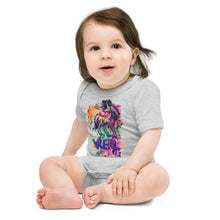 Load image into Gallery viewer, A long-haired baby wearing a Real Unicorn Apparel onesie with a unicorn in the center of the shirt and the word &quot;REAL&quot; below the unicorn in prominent text.
