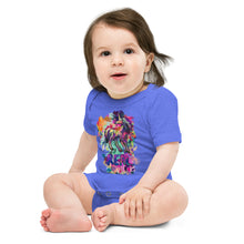 Load image into Gallery viewer, A baby wearing a blue one-piece shirt from Real Unicorn Apparel. The shirt features a magical unicorn with the word &quot;REAL&quot; in large text.
