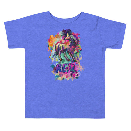 A heather columbia blue-colored short sleeve t-shirt for toddlers from Real Unicorn Apparel. It has a drawing of a unicorn surrounded by a field of colors and the word 