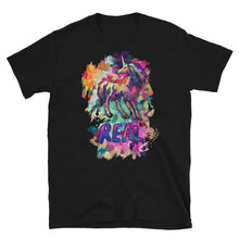 Load image into Gallery viewer, A black t-shirt with an artistic depiction of the mythical unicorn and the word &quot;Real&quot; from Real Unicorn Apparel.
