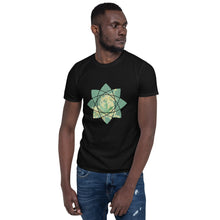 Load image into Gallery viewer, A young man wearing a black t-shirt with a stylized geometric design of a cannabis leaf with a majestic-looking unicorn on the leaf.

