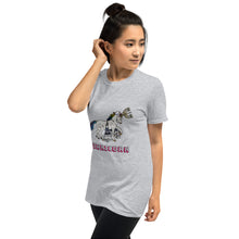 Load image into Gallery viewer, A young woman with her hair tied up in a topknot wearing a grey-colored &quot;Jewnicorn&quot; t-shirt from Real Unicorn Apparel.  
