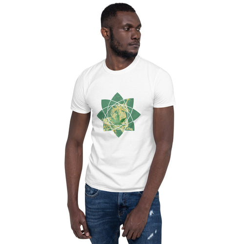 A white t-shirt with a stylized geometric design of a cannabis leaf with a unicorn on the leaf worn by a young man.