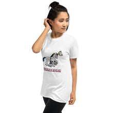 Load image into Gallery viewer, A photograph of a young woman wearing a Jewnicorn t-shirt from Real Unicorn Apparel. The shirt makes a hilarious Jewish gift for secular, Reconstructionist, Reform, Conservative, and Orthodox Jews.

