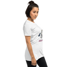 Load image into Gallery viewer, A side profile photo of an Asian woman wearing a white-colored Jewnicorn (Jewish unicorn) tee from Real Unicorn Apparel.
