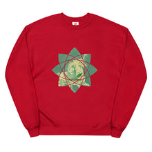 Load image into Gallery viewer, Real Unicorn Apparel&#39;s red-colored sweatshirt from their stoner clothing collection. It features a unicorn on a stylized geometric cannabis leaf.
