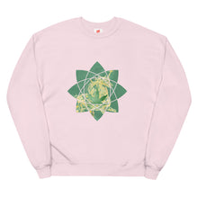 Load image into Gallery viewer, A pale pink sweatshirt from Real Unicorn Apparel. It features a heavily stylized unicorn inside of a geometric cannabis leaf. 
