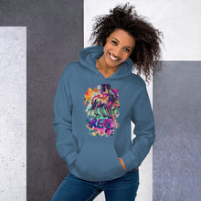 Load image into Gallery viewer, An indigo blue Real Unicorn Apparel hoodie of a unicorn with the word &quot;REAL&quot; below the unicorn in bright purple letters.
