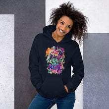 Load image into Gallery viewer, An attractive African-American woman with curly hair wearing a &quot;Real Unicorn&quot; Unisex Hoodie from Real Unicorn Apparel and a pair of form-fitting blue jeans.
