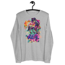 Load image into Gallery viewer, A beautiful long-sleeve tee from Real Unicorn Apparel in the athletic heather color. The t-shirt has a unicorn in a splash of color and the word &quot;REAL&quot; placed below the unicorn to give an edgy vibe.
