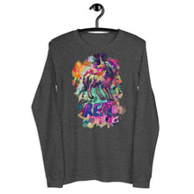 Load image into Gallery viewer, A dark grey &quot;Real Unicorn&quot; Long-Sleeve Unisex T-Shirt from Real Unicorn Apparel on a clothes hanger. The tee has a unicorn drawn in a regal fashion by artist Lauren Rubin and has the word &quot;REAL&quot; under the unicorn.
