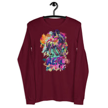 Load image into Gallery viewer, A maroon-colored long-sleeve t-shirt from Real Unicorn Apparel, a whimsical fashion brand. The tee has a unicorn drawn by artist Lauren Rubin and the word &quot;REAL&quot; below the magical creature.

