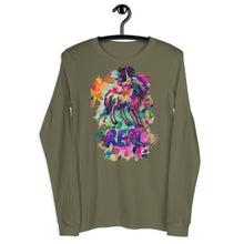 Load image into Gallery viewer, Real Unicorn Apparel&#39;s military green, unisex, long-sleeve t-shirt of a unicorn with the word &quot;REAL&quot; underneath it. It&#39;s hung on a clothes hanger amidst a white background.
