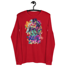 Load image into Gallery viewer, Real Unicorn Apparel&#39;s long-sleeve, red t-shirt of a unicorn in an array of colors resembling a landscape and the word &quot;REAL&quot; to symbolize the unicorn&#39;s authenticity.
