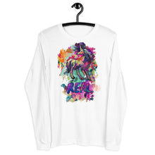 Load image into Gallery viewer, A gorgeous white long-sleeve tee from Real Unicorn Apparel&#39;s &quot;Real Unicorn&quot; collection. The shirt is hung on a clothes hanger and features a folkloric unicorn and the word &quot;REAL&quot; underneath the mystical animal.
