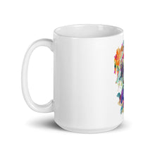 Load image into Gallery viewer, Photograph taken from the side of a 15 ounce &quot;Real Unicorn White Glossy Mug&quot; for coffee, tea, or hot cocoa. The mug is made by Real Unicorn Apparel.
