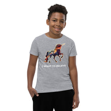 Load image into Gallery viewer, An athletic heather-colored version of Real Unicorn Apparel&#39;s &quot;I Want To Believe&quot; Youth Short Sleeve T-Shirt.
