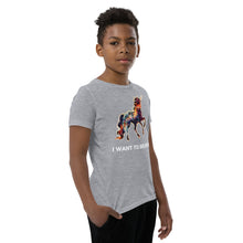 Load image into Gallery viewer, Side shot of a young boy wearing an athletic heather I Want To Believe In Unicorns t-shirt from iconic fashion brand Real Unicorn Apparel.

