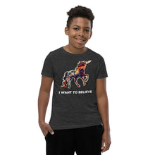 Load image into Gallery viewer, A dark grey heather-color version of Real Unicorn Apparel&#39;s &quot;I Want To Believe&quot; Youth Short Sleeve T-Shirt.
