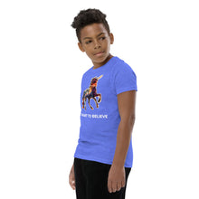 Load image into Gallery viewer, Real Unicorn Apparel&#39;s &quot;I Want To Believe&quot; Youth Short Sleeve T-Shirt in heather columbia blue. There&#39;s a colorful unicorn and the phrase &quot;I Want To Believe&quot; on the tee.
