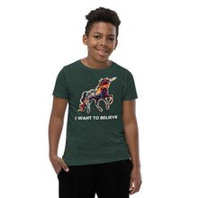 Load image into Gallery viewer, A heather forest I Want To Believe Youth Short Sleeve T-Shirt from Real Unicorn Apparel.
