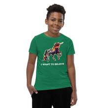 Load image into Gallery viewer, A kelly-colored I Want To Believe Youth Short Sleeve T-Shirt from Real Unicorn Apparel, a quirky and fun fashion company.
