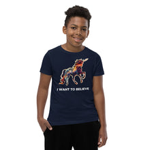 Load image into Gallery viewer, The navy-color version of Real Unicorn Apparel&#39;s &quot;I Want To Believe&quot; Youth Short Sleeve T-Shirt. It features a rainbow unicorn and the text &quot;I Want To Believe.&quot;
