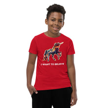 Load image into Gallery viewer, The red-color version of Real Unicorn Apparel&#39;s &quot;I Want To Believe&quot; Youth Short Sleeve T-Shirt.
