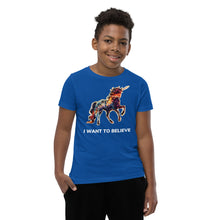 Load image into Gallery viewer, A true royal-color t-shirt from Real Unicorn Apparel&#39;s &quot;I Want To Believe&quot; collection.
