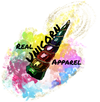 Real Unicorn Apparel's logo of a spiraled unicorn horn surrounded by multi-colored glittery spirals and clouds