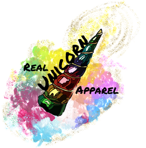 Real Unicorn Apparel's logo of a spiraled unicorn horn surrounded by multi-colored glittery spirals and clouds
