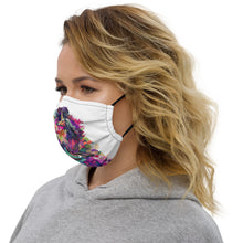 Load image into Gallery viewer, A side view of an attractive woman with long hair wearing a Real Unicorn Apparel face mask to prevent COVID-19. The facemask has a magical unicorn on it.
