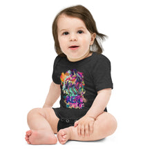 Load image into Gallery viewer, A dark grey heather-colored onesie shirt for a baby with a unicorn from folklore and mythology in the center of the one-piece. Under the unicorn in large, capital letters is the word &quot;Real&quot; to symbolize authenticity.
