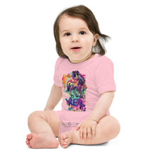 Load image into Gallery viewer, A pink &quot;Real Unicorn&quot; onesie for babies from Real Unicorn Apparel. The one-piece has a beautiful artistic drawing of a unicorn and the word &quot;REAL&quot; as its design.
