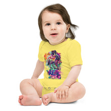 Load image into Gallery viewer, A happy baby in a yellow one piece tee from Real Unicorn Apparel that has a proud-looking unicorn and the word &quot;REAL&quot; as the onesie&#39;s main design features.
