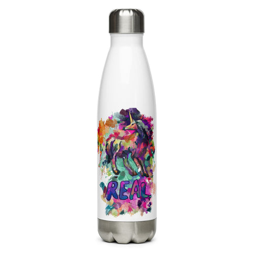 An eco-friendly, stainless steel water bottle from Real Unicorn Apparel with a mystical unicorn and the word 
