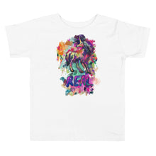 Load image into Gallery viewer, A premium white tee for toddlers from Real Unicorn Apparel. It features a majestic-looking mythical unicorn and the word &quot;Real&quot; below the unicorn.
