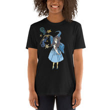 Load image into Gallery viewer, A black t-shirt from Real Unicorn Apparel with a cartoon depiction of a Gerlin (Girl Merlin) witch.  
