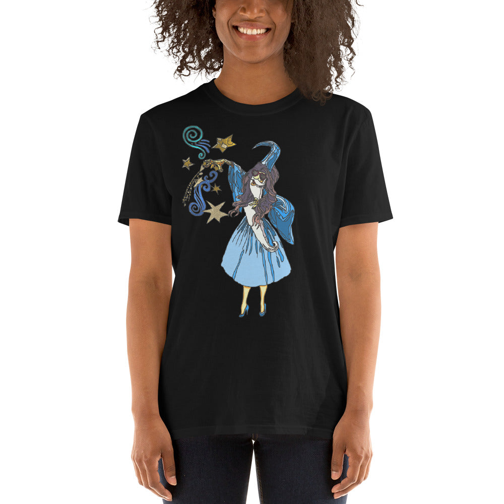A black t-shirt from Real Unicorn Apparel with a cartoon depiction of a Gerlin (Girl Merlin) witch.  