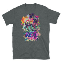 Load image into Gallery viewer, A dark heather-colored t-shirt from Real Unicorn Apparel&#39;s  &quot;Real Unicorn&quot; line . It has the word &quot;REAL&quot; underneath a stunning drawing of a unicorn.
