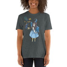 Load image into Gallery viewer, An African-American woman wearing one of Real Unicorn Apparel&#39;s Limited Edition Gerlin (Girl Merlin) t-shirts. The tee is a crowd pleaser for all who practice magickal arts and don&#39;t take themselves too seriously, especially the girls!
