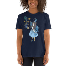 Load image into Gallery viewer, A young woman with her head partially obscured wearing a Limited Edition Gerlin (Girl Merlin) t-shirt from Real Unicorn Apparel. The shirt features magickal symbolism in its depiction of a witch.
