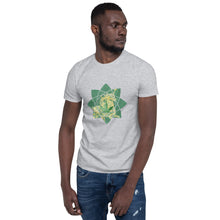 Load image into Gallery viewer, A man in blue jeans and a grey t-shirt made by Real Unicorn Apparel.  The shirt is for fans of stoner clothing, and features a geometric and stylized cannabis leaf with a regal-appearing unicorn on it. 
