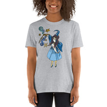 Load image into Gallery viewer, A woman with curly hair wearing a grey limited edition Gerlin (Girl Merlin) tee from Real Unicorn Apparel. 
