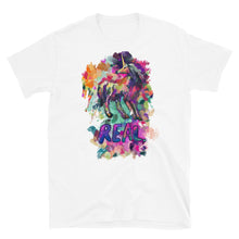 Load image into Gallery viewer, A stunning t-shirt from Real Unicorn Apparel of a unicorn drawn by co-founder, artist Lauren Rubin. There&#39;s the word &quot;REAL&quot; underneath in large lettering below the unicorn.
