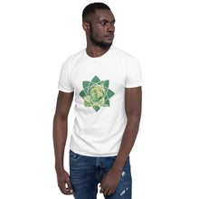 Load image into Gallery viewer, A white t-shirt with a stylized geometric design of a cannabis leaf with a unicorn on the leaf worn by a young man.
